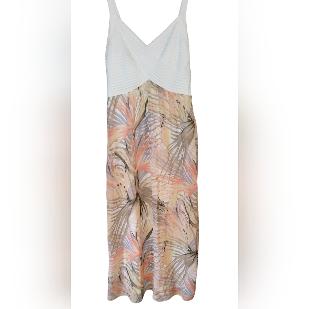 Bethany Tropical Print V Neck Sleeveless Maxi Dress, White Pleated Top